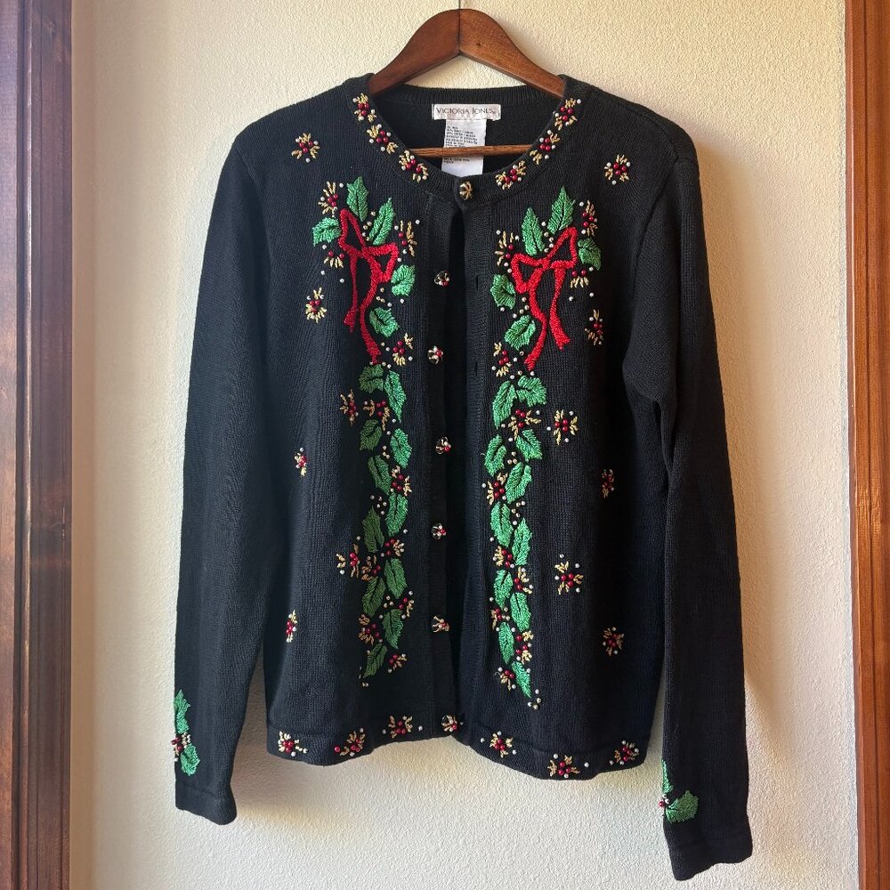 Vintage Victoria Jones Ugly Christmas Sweater Carding Embroidered Holly Bow Sz S